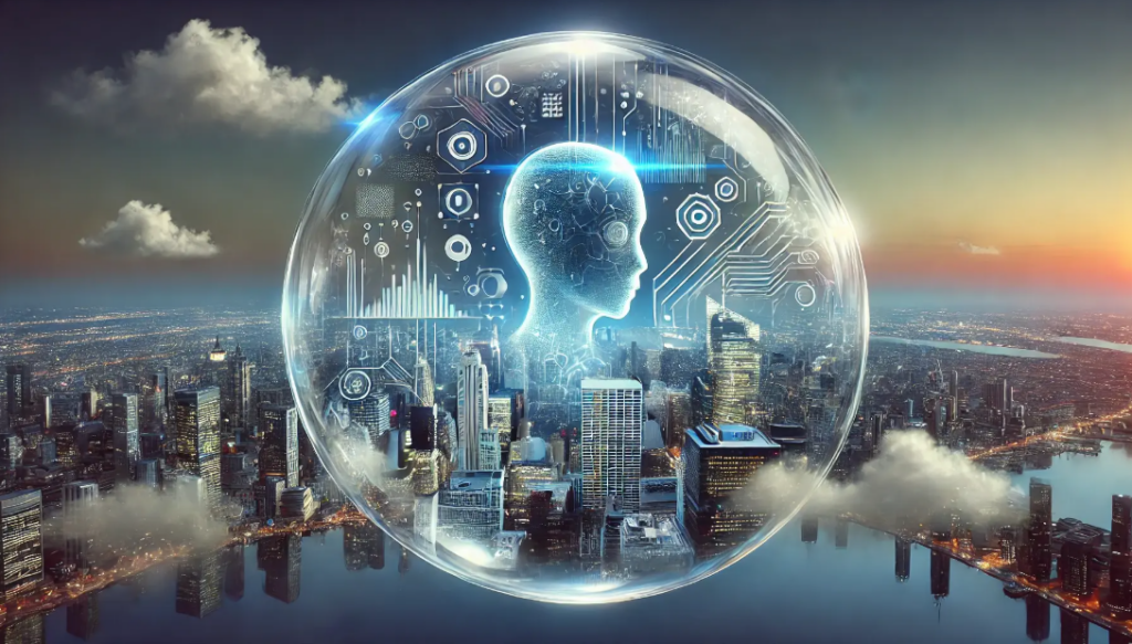 Futuristic cityscape at sunset with a glowing digital human head inside a transparent sphere symbolizing artificial intelligence.