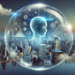 Futuristic cityscape at sunset with a glowing digital human head inside a transparent sphere symbolizing artificial intelligence.