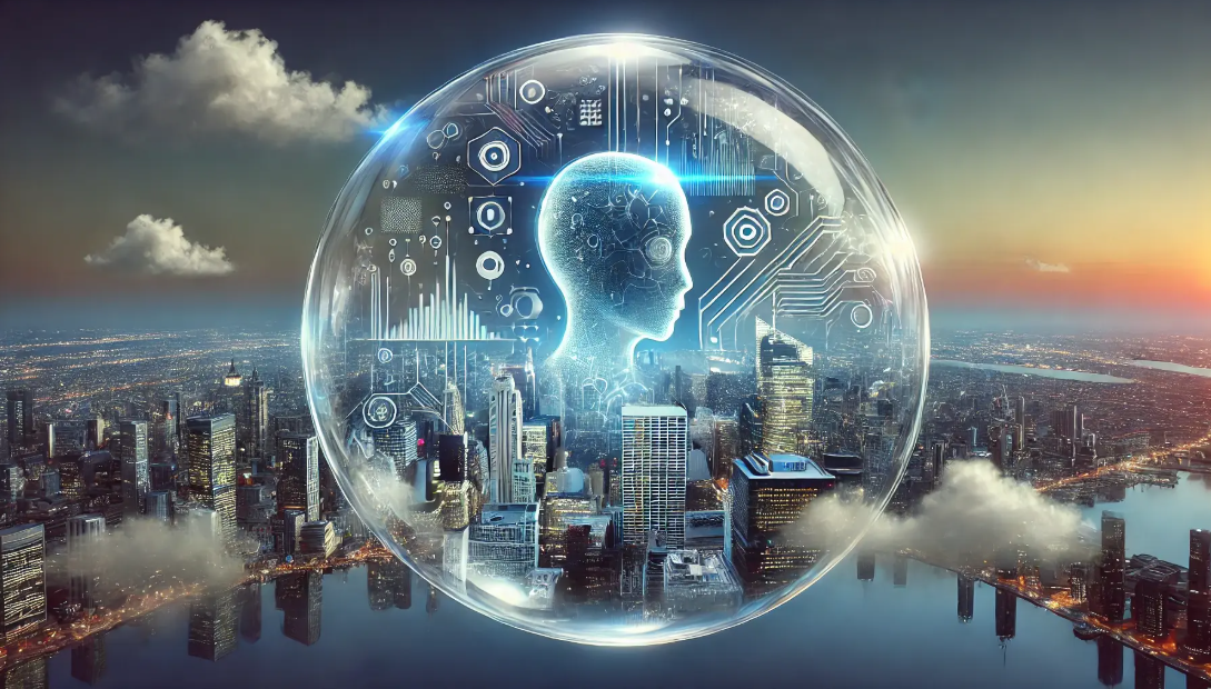 Futuristic cityscape at sunset with a glowing digital human head inside a transparent sphere symbolizing artificial intelligence.