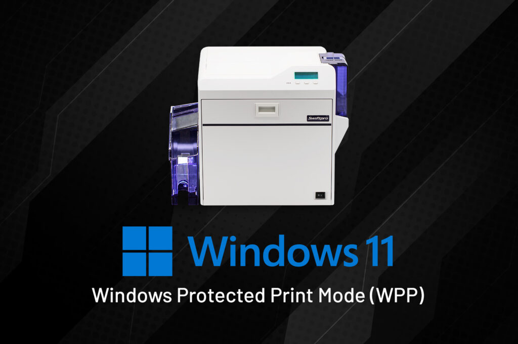White Swiftpro printer with blue highlights on a dark geometric background, symbolising Windows Protected Print Mode security in Windows 11.