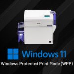 White Swiftpro printer with blue highlights on a dark geometric background, symbolising Windows Protected Print Mode security in Windows 11.
