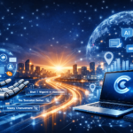 🌐 Generative Engine Optimization (GEO): The Future of AI Visibility. A futuristic digital cityscape showing a robotic hand, glowing data pathways, and a laptop surrounded by holographic AI icons — symbolizing CompFix’s integration of GEO for future visibility.