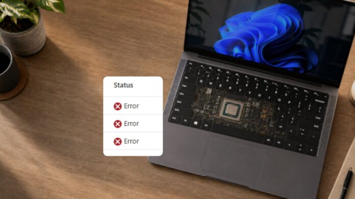 Laptop displaying multiple error messages