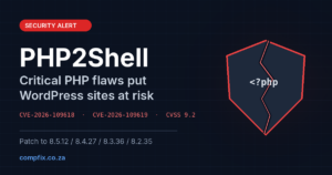 PHP2Shell security alert graphic showing a cracked shield, the PHP vulnerability CVE numbers and the patched PHP versions